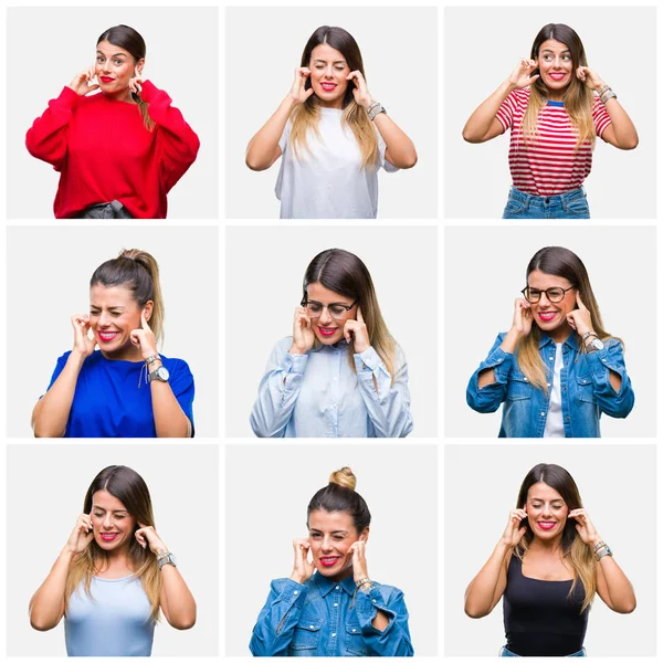 Collage Joven Hermosa Mujer Sobre Fondo Aislado Cubriendo Las Orejas —  Fotos de Stock