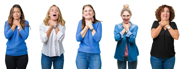 Collage Groupe Belles Femmes Sur Fond Blanc Isolé Crier Étouffer — Photo