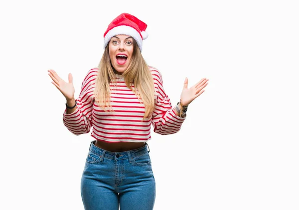 Jovem Mulher Bonita Vestindo Chapéu Natal Sobre Fundo Isolado Celebrando — Fotografia de Stock