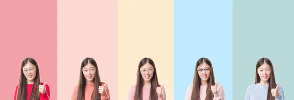 Güzel Asyalı Kadın Hareketi Ile Mutlu Yaşasın Yapıyor Renkli Çizgili — Stok fotoğraf
