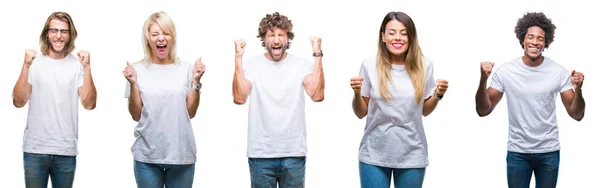 集体的人穿着休闲白 T恤在孤立的背景兴奋的成功与手臂举起庆祝胜利的微笑 优胜者概念 — 图库照片