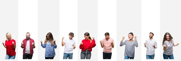 Collage Diferentes Etnias Jóvenes Sobre Rayas Blancas Aislados Fondo Muy — Foto de Stock