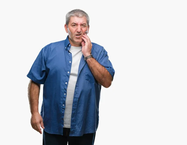 Schöner Älterer Mann Über Isoliertem Hintergrund Der Den Mund Mit — Stockfoto