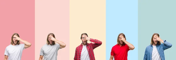 Collage Ung Stilig Man Över Färgglada Ränder Isolerade Bakgrund Kikar — Stockfoto