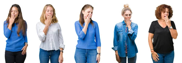 Collage Grupo Mujeres Hermosas Sobre Fondo Blanco Aislado Aburrido Bostezo — Foto de Stock