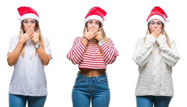年轻美丽的女人在孤立的背景下戴着圣诞帽的拼贴用 用手震惊地捂住嘴出错 秘密概念 — 图库照片