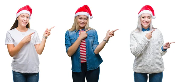 Коллаж Группы Молодых Женщин Рождественской Шляпе Изолированном Фоне Улыбающихся Смотрящих — стоковое фото