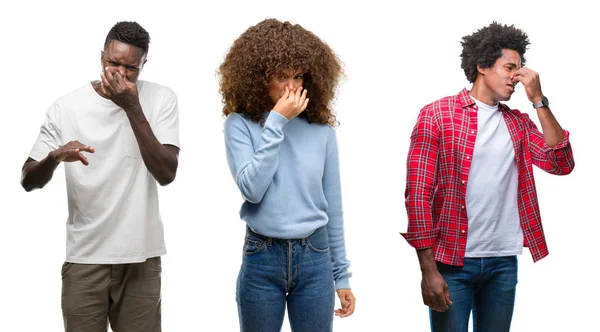 Collage Personas Afroamericanas Sobre Fondo Aislado Oliendo Algo Apestoso Asqueroso —  Fotos de Stock