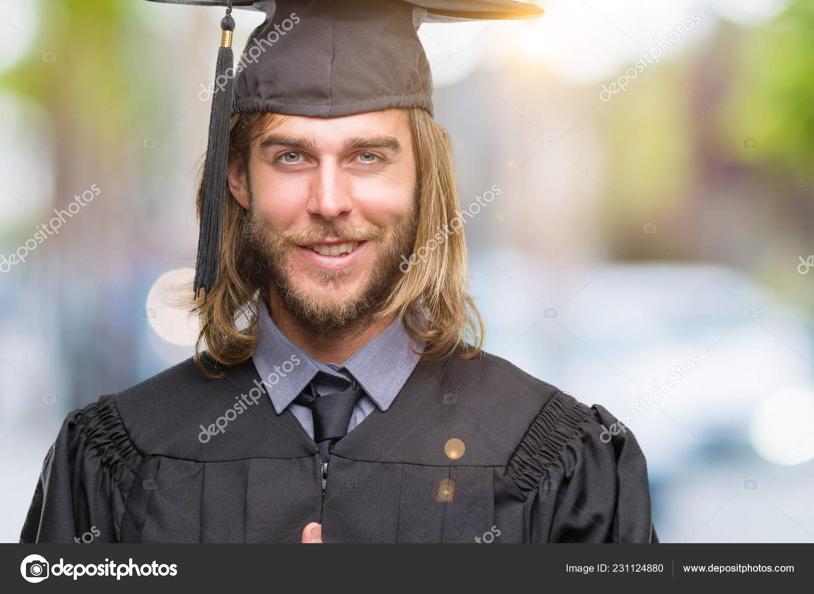 Young Handsome Graduated Man Long Hair Isolated Background