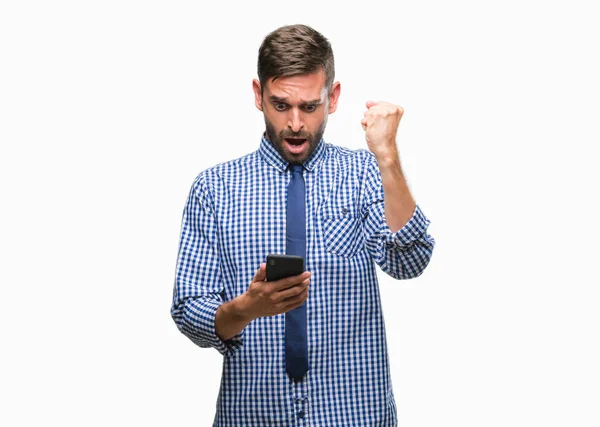 Junger Hadsome Mann Sms Senden Mit Smartphone Über Isolierten Hintergrund — Stockfoto
