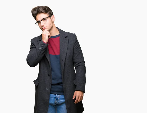 Young Handsome Elegant Man Wearing Glasses Isolated Background Hand Chin — Stock Photo, Image