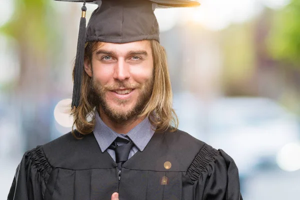 Young Handsome Graduated Man Long Hair Isolated Background Cheerful Smile — Stock Photo, Image