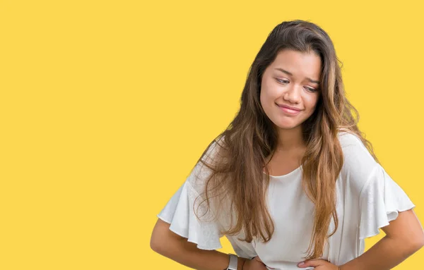 Jovem Mulher Negócios Bonita Morena Sobre Fundo Isolado Com Mão — Fotografia de Stock