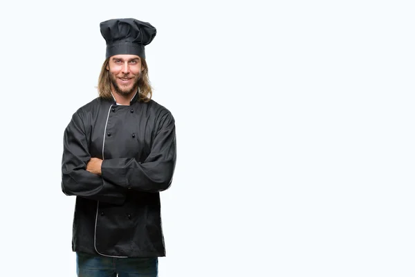 Joven Guapo Cocinero Con Pelo Largo Sobre Fondo Aislado Cara — Foto de Stock