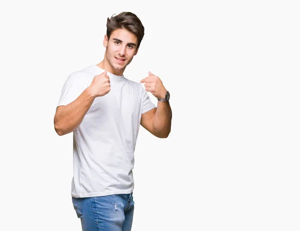 Homem Bonito Jovem Vestindo Shirt Branca Sobre Fundo Isolado Olhando — Fotografia de Stock