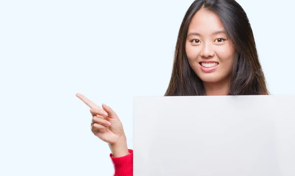 Jonge Aziatische Vrouw Houdt Van Banner Geïsoleerde Achtergrond Erg Blij — Stockfoto