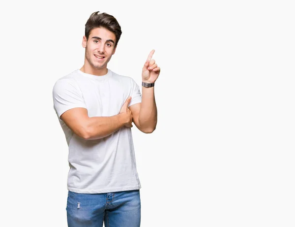 Jonge Knappe Man Dragen Witte Shirt Geïsoleerde Achtergrond Met Een — Stockfoto