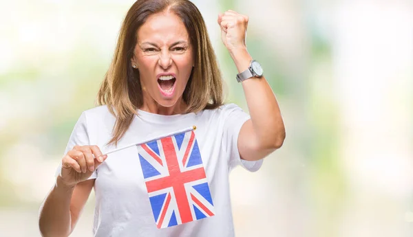 Hispanische Frau Mittleren Alters Mit Fahne Des Vereinigten Königreichs Vor — Stockfoto