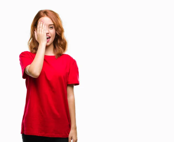 Mooie Jongedame Geïsoleerde Achtergrond Die Betrekking Hebben Een Oog Met — Stockfoto