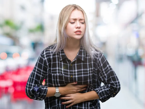 Mujer Rubia Joven Sobre Fondo Aislado Con Mano Estómago Porque — Foto de Stock