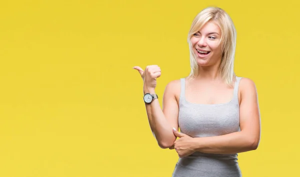 Giovane Bella Donna Bionda Sfondo Isolato Sorridente Con Volto Felice — Foto Stock