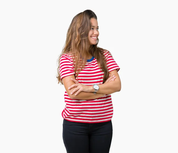 Young Beautiful Brunette Woman Wearing Stripes Shirt Isolated Background Smiling — Stock Photo, Image