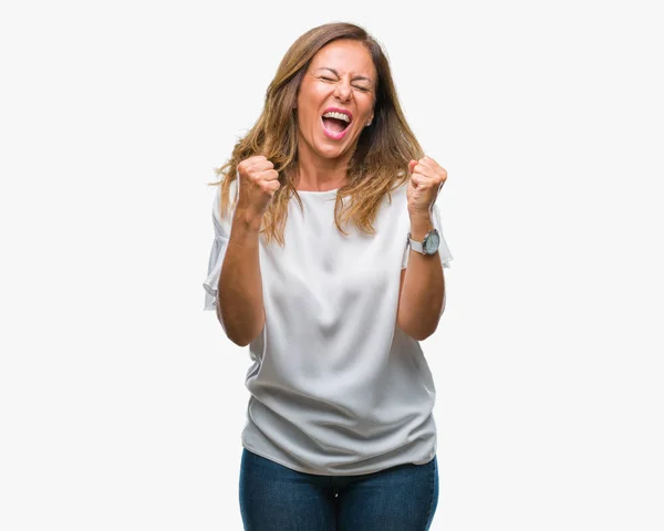 Middelbare Leeftijd Senior Latino Vrouw Geïsoleerde Achtergrond Erg Blij Opgewonden — Stockfoto