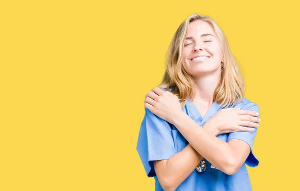 Beautiful Young Doctor Woman Wearing Medical Uniform Isolated Background Hugging — Stock Photo, Image