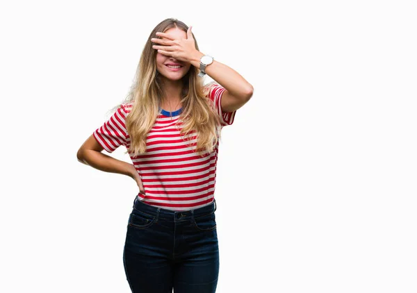 Young Beautiful Blonde Woman Isolated Background Smiling Laughing Hand Face — Stock Photo, Image