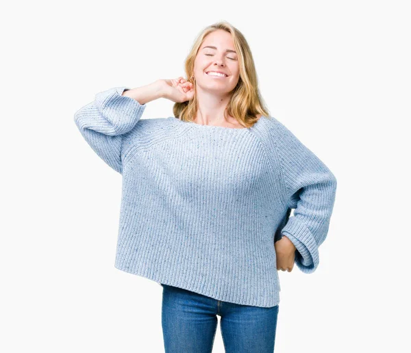 Schöne Junge Frau Trägt Blauen Pullover Über Isoliertem Hintergrund Der — Stockfoto