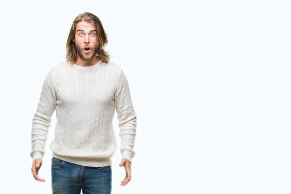 Young Handsome Man Long Hair Wearing Winter Sweater Isolated Background — Stock Photo, Image