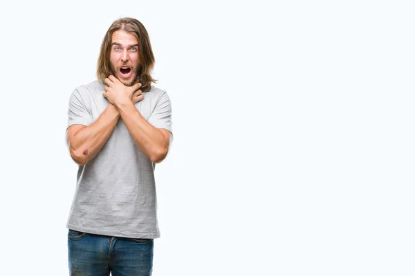 Young Handsome Man Long Hair Isolated Background Shouting Suffocate Because — Stock Photo, Image