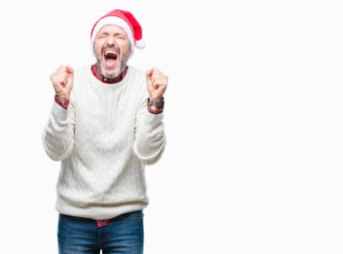 Arka plan deli kutlama Noel şapka üzerinde orta yaş ağarmış komuta sizde izole ve crazy arms ile başarı için kaldırdı ve heyecanlı çığlık gözler kapalı. Kazanan kavramı