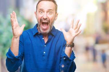 Orta yaş ağarmış üst düzey adam deli kutluyor arka plan izole ve başarı için kaldırdı kollarını açarak hayrete ve heyecanlı çığlık gözleri açık. Kazanan kavramı