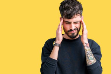 Çünkü genç yakışıklı adam arka plan baş baş ağrısı için el ile izole stres. Migren muzdarip.