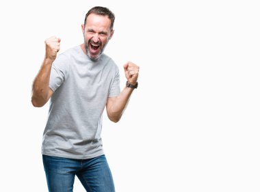 Gülümseyen ve başarı için çığlık orta yaş üst düzey ağarmış adam izole arka plan çok mutlu ve heyecanlı kaldırdı, silah ile kazanan jest yapıyor. Kutlama kavramı.