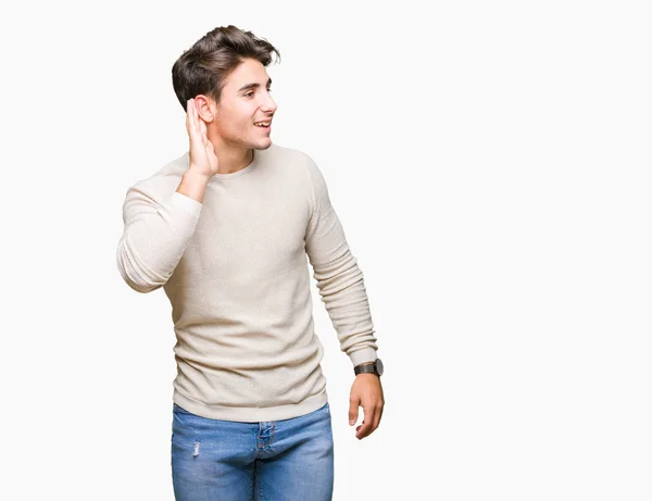 Young Handsome Man Isolated Background Smiling Hand Ear Listening Hearing — Stock Photo, Image