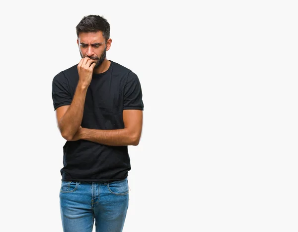 Adult Hispanic Man Isolated Background Looking Stressed Nervous Hands Mouth — Stock Photo, Image