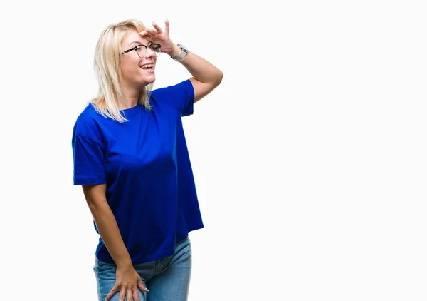 Joven Hermosa Mujer Rubia Con Gafas Sobre Fondo Aislado Muy — Foto de Stock