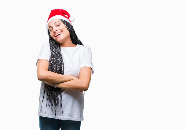 Joven Chica Afroamericana Trenzada Con Sombrero Navidad Sobre Fondo Aislado — Foto de Stock