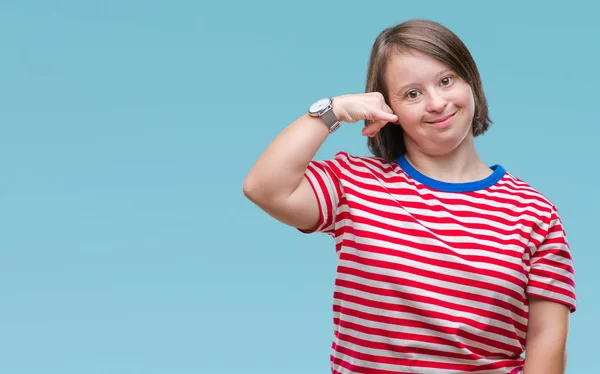 Young Adult Woman Syndrome Isolated Background Smiling Doing Phone Gesture — Stock Photo, Image