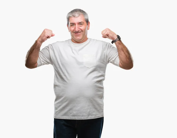 Hombre Mayor Guapo Sobre Fondo Aislado Mostrando Los Músculos Los —  Fotos de Stock