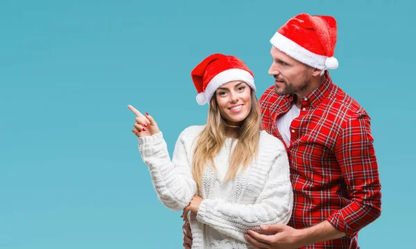Giovane Coppia Innamorata Indossa Cappello Natale Sfondo Isolato Con Grande — Foto Stock