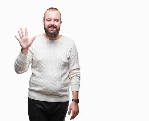 Jovem Caucasiano Hipster Homem Vestindo Inverno Suéter Sobre Isolado Fundo — Fotografia de Stock