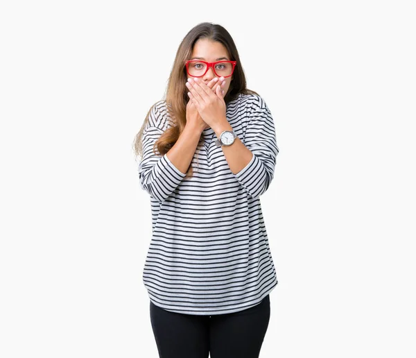Young Beautiful Brunette Woman Wearing Stripes Sweater Red Glasses Isolated — Stock Photo, Image