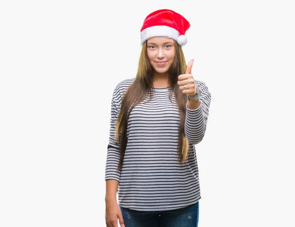 Jovem Bela Mulher Caucasiana Vestindo Chapéu Natal Sobre Fundo Isolado — Fotografia de Stock