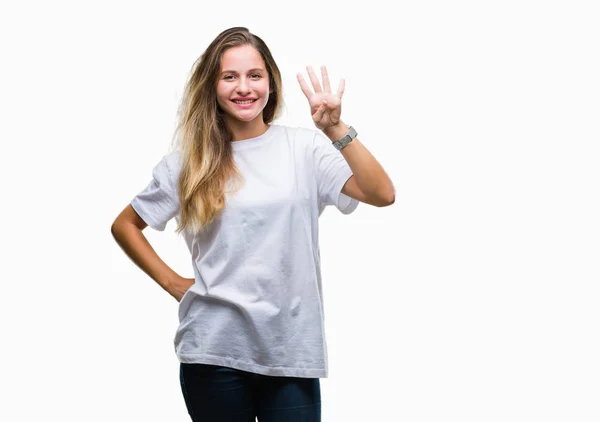 Joven Hermosa Mujer Rubia Con Camiseta Blanca Casual Sobre Fondo — Foto de Stock