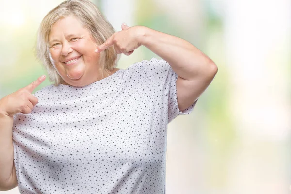 Senior Size Caucasian Woman Isolated Background Smiling Confident Showing Pointing — Stock Photo, Image