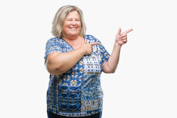 Senior Size Caucasian Woman Isolated Background Smiling Looking Camera Pointing — Stock Photo, Image