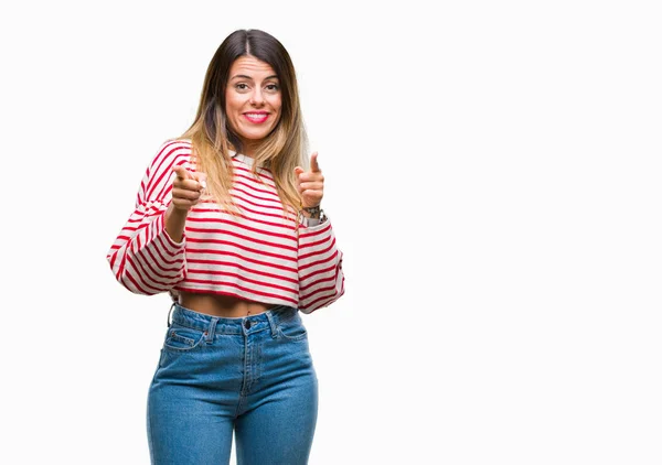 Joven Hermosa Mujer Rayas Informales Suéter Invierno Sobre Fondo Aislado — Foto de Stock